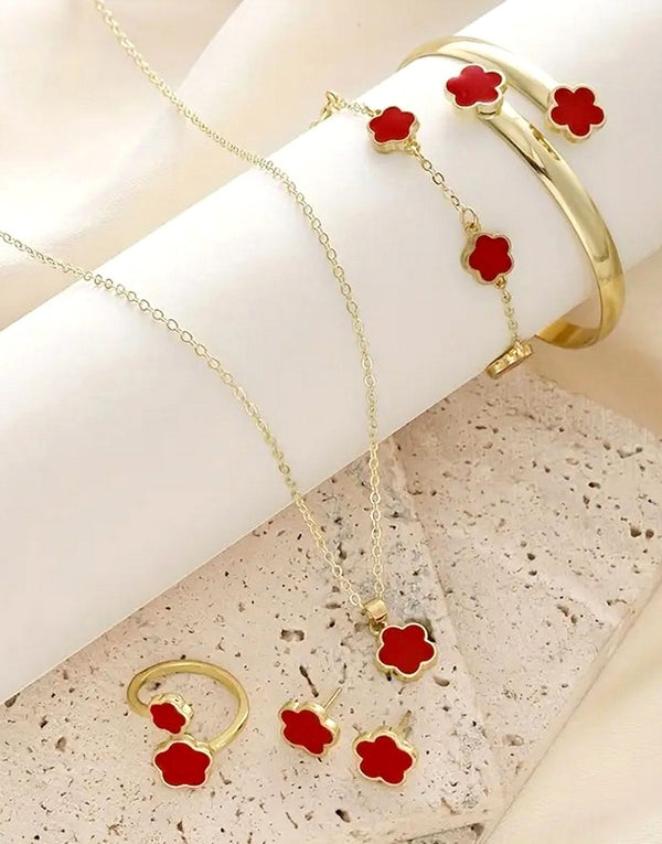 5-Piece Red Five Leaf Clover Design Jewelry Set includes Bracelet, Earrings, Kara, Necklace & Ring