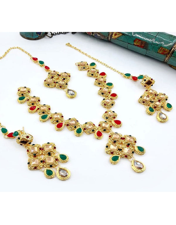 Multi-Colored Stone Party Wear Jewelry Set with Earrings & Tikka