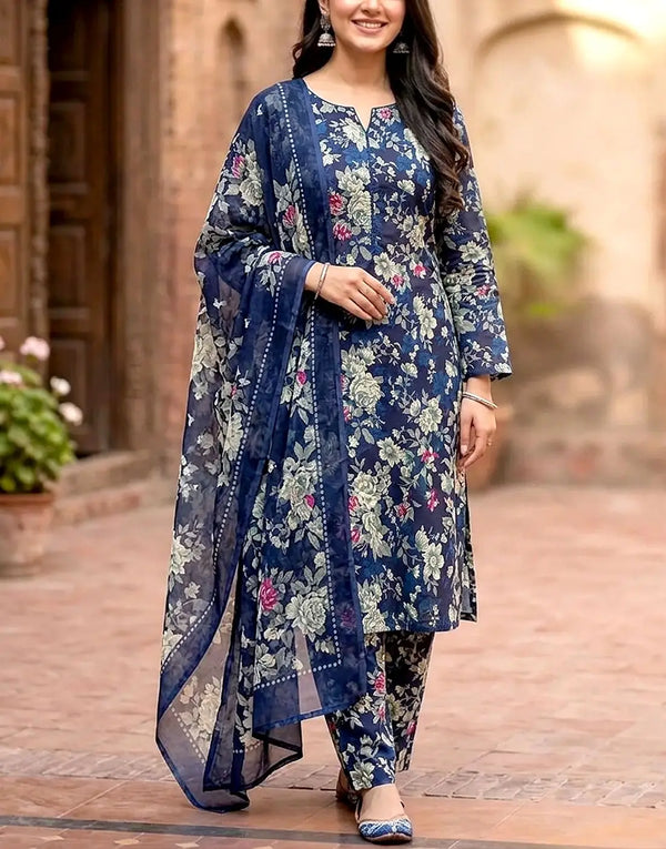 All-Over Flower Print 3-Piece Lawn Suit for Girls with Soft Chiffon Dupatta