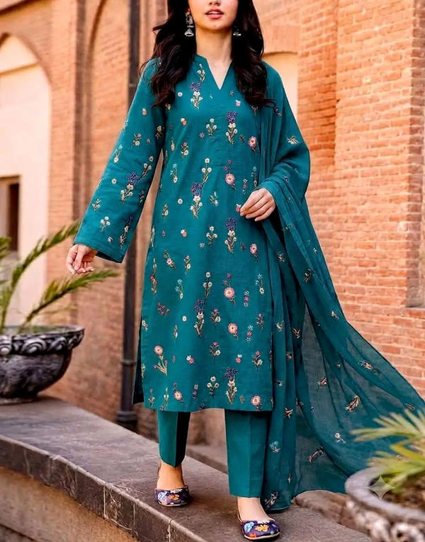 Trendy Floral Booti Embroidered 3-Piece Zinc Blue Linen Dress with Linen Dupatta