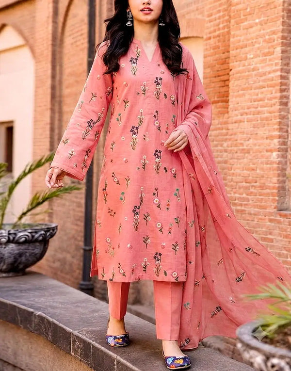 Trendy Floral Booti Embroidered 3-Piece Peach Pink Linen Dress with Linen Dupatta