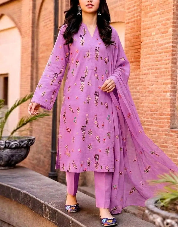 Trendy Floral Booti Embroidered 3-Piece Lilac Linen Dress with Linen Dupatta