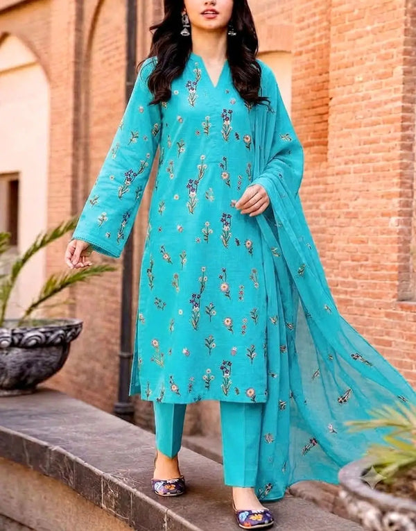 Trendy Floral Booti Embroidered 3-Piece Turquoise Blue Linen Dress with Linen Dupatta