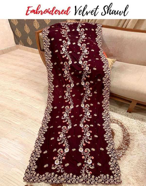 Premium Quality Heavy Embroidered Bridal Velvet Shawl - Maroon