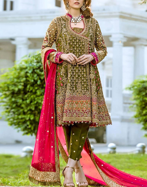 Heavy Embroidered Chiffon Mehndi Outfit with Silk Embroidered Trouser