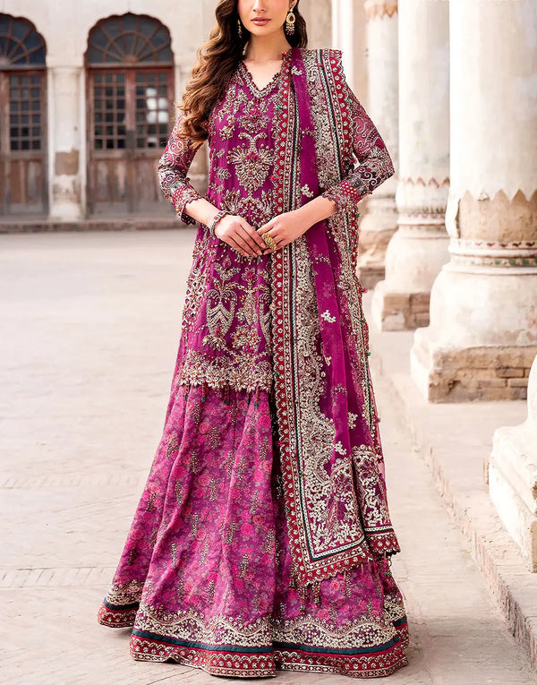 Glamorous Embroidered Magenta Chiffon Bridal Lehenga with Rich Embellishments