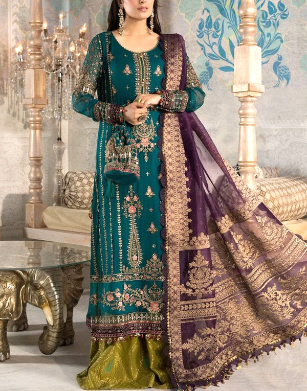Heavy Embroidered Zinc Green Chiffon Wedding Party Dress - Most Demanding Design