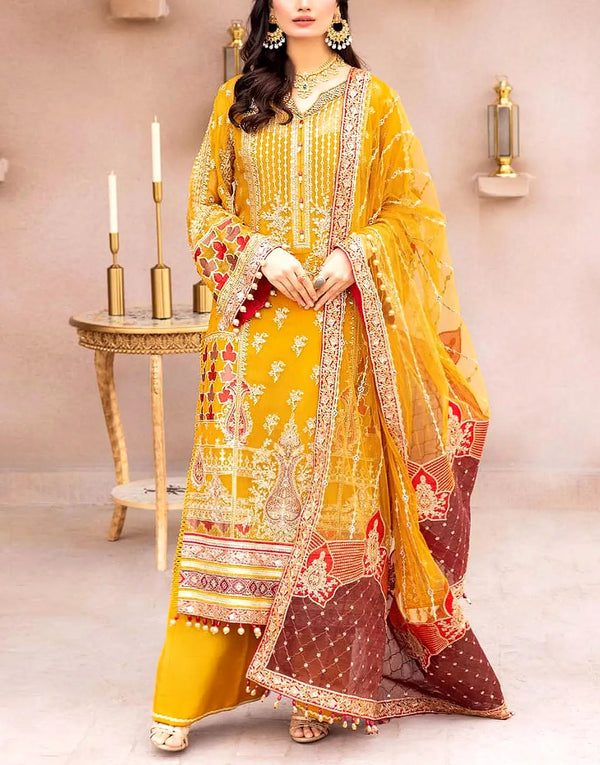 Heavy Embroidered Yellow Chiffon Wedding Dress - Ideal for Mayun & Mehndi Events