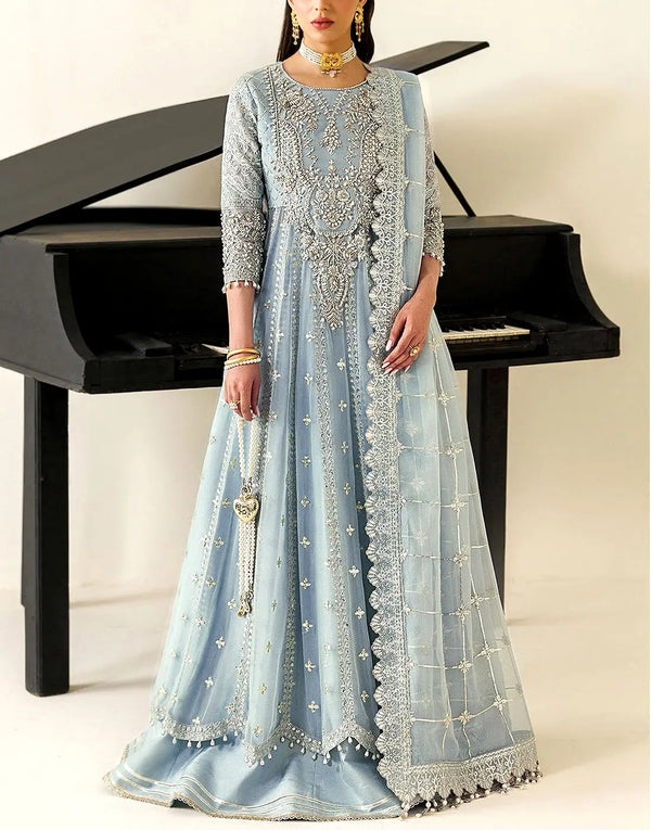 Elegant Heavy Embroidered Powder Blue Chiffon Formal Maxi Dress 2026