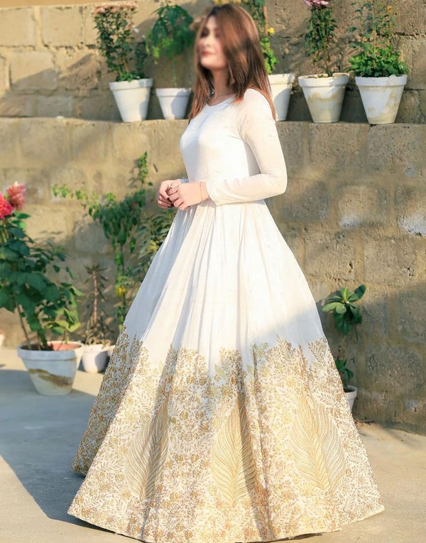 Readymade Embroidered White Chiffon Maxi with Inner