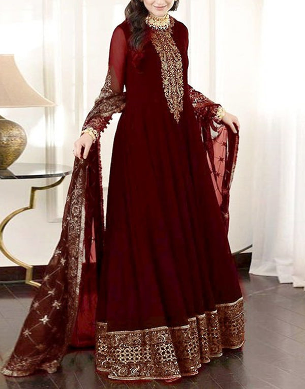 Embroidered Maroon Chiffon Maxi Dress with Embroidered Net Dupatta