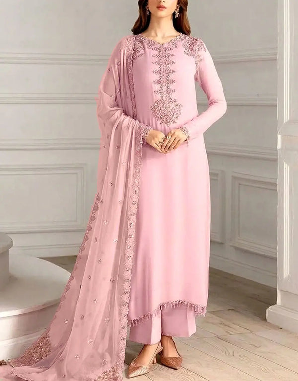 Alluring Embroidered Pink Formal & Party Chiffon Dress