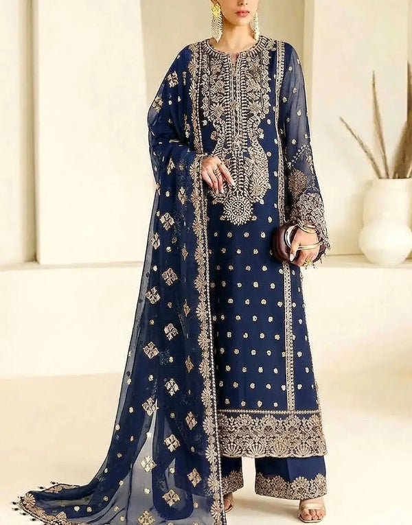 Heavy Embroidered Navy Blue Chiffon Wedding Dress with Silk Trouser