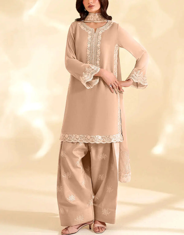 Decent Embroidered Beige Formal Chiffon Dress Design 2026