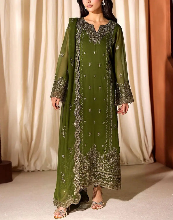 Delicate Embroidered Chiffon Mehndi Green Dress - Perfect for Wedding & Mehndi Functions