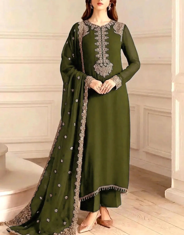 Graceful Embroidered Mehndi Green Chiffon Dress for Wedding & Mehndi Events