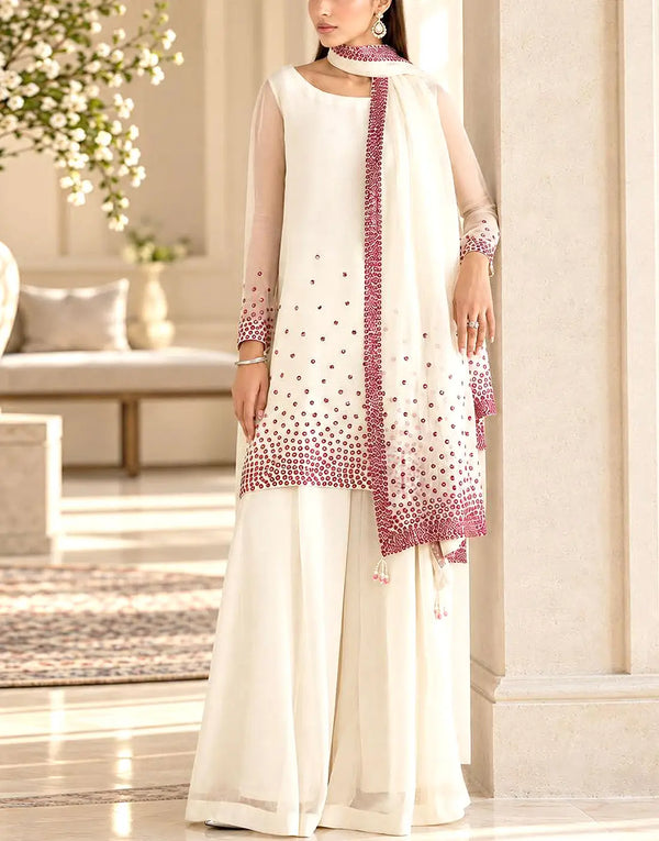 Elegant Off-White Chiffon Party Wear Dress with Magenta Sequins Embroidery