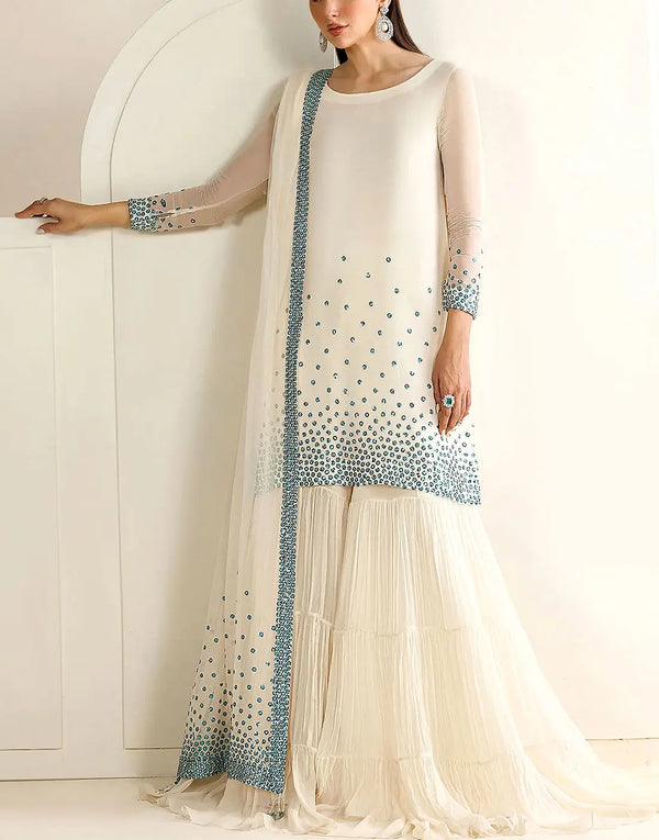 Elegant Off-White Chiffon Party Wear Dress with Zinc Blue Sequins Embroidery
