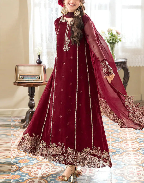 Sophisticated Embroidered Maroon Chiffon Formal Dress Design for Girls