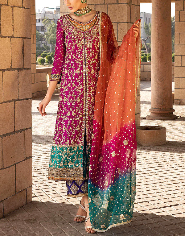 Heavy Embroidered Atishi Pink Chiffon Wedding Dress with Embroidered Silk Trouser