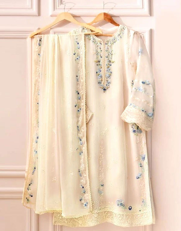 Luxurious Ivory Chiffon Party Dress with Intricate Embroidery & Rich Adda Work