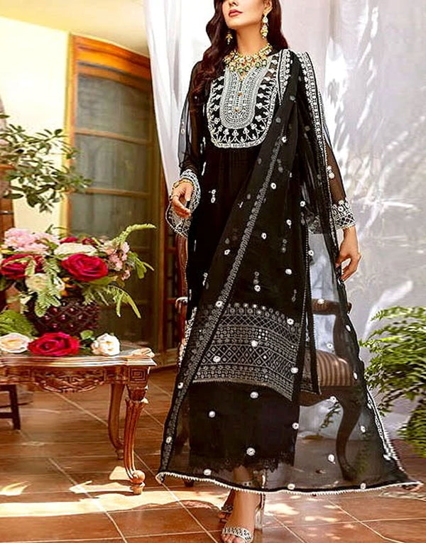 Adorable Embroidered Black Chiffon Party Wear Dress