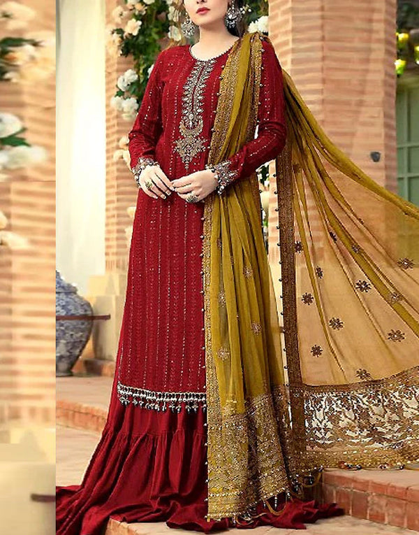 Heavy Embroidered Maroon Chiffon Party Dress