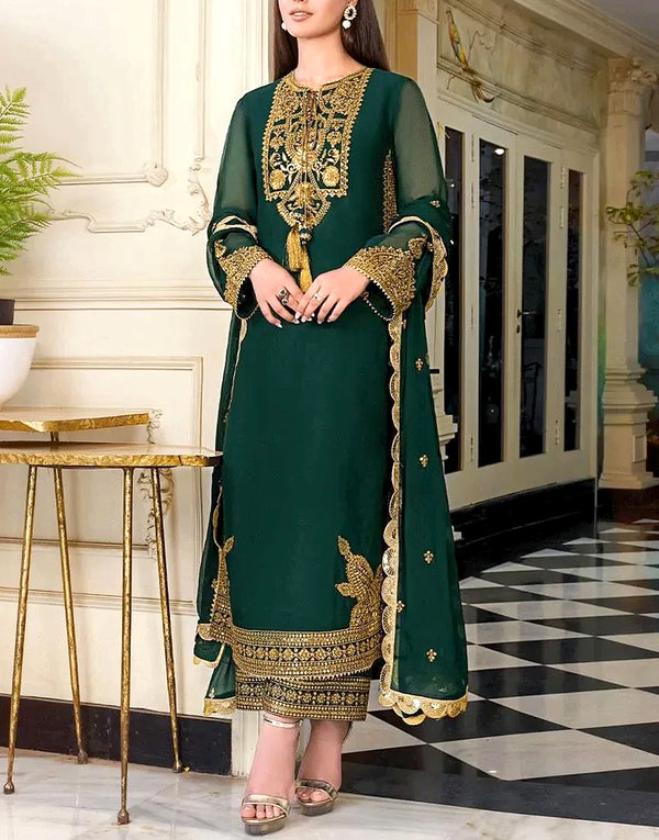Elegant Bottle Green Chiffon Party Dress with Embroidery for Formal & Weddings