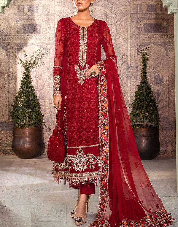 Luxury Heavy Embroidered Red Chiffon Wedding Dress
