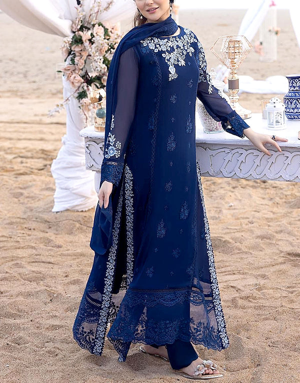 Elegant Embroidered Navy Blue Chiffon Party Wear Dress