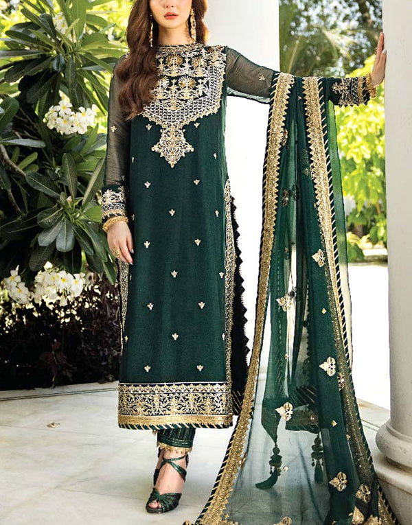 Graceful Embroidered Emerald Green Mehndi Chiffon Dress – Festive & Wedding Wear