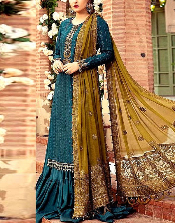 Heavy Embroidered Zinc Blue Chiffon Dress for Party & Formal Wear
