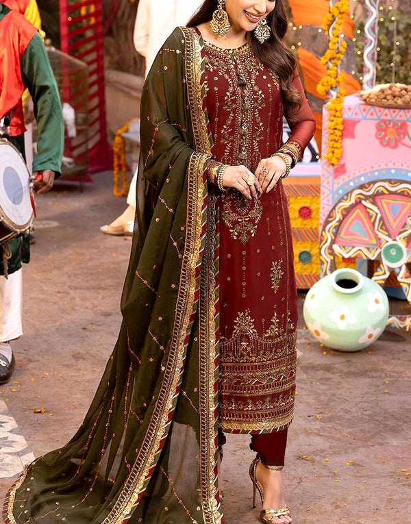 Adorable Embroidered Maroon Chiffon Dress - Perfect for Mehndi & Wedding Functions