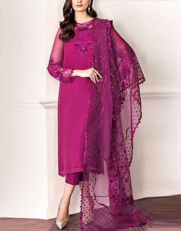 Affordable Fancy Embroidered Pink Chiffon Party Dress with Silk Trouser