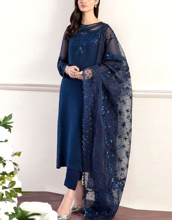 Affordable Fancy Embroidered Navy Blue Chiffon Party Dress with Silk Trouser