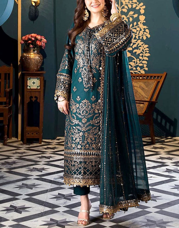 Heavy Embroidered Peacock Green Chiffon Dress for Formal Parties & Weddings