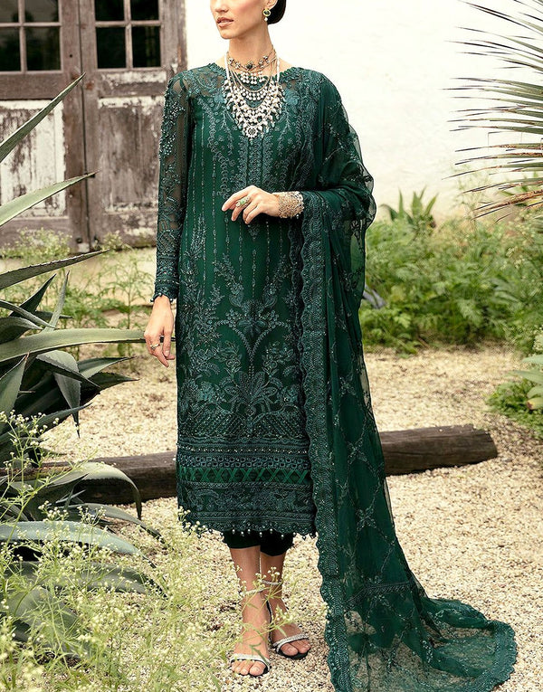 Formal Heavy Embroidered Chiffon Party Wear Suit with Silk Trouser