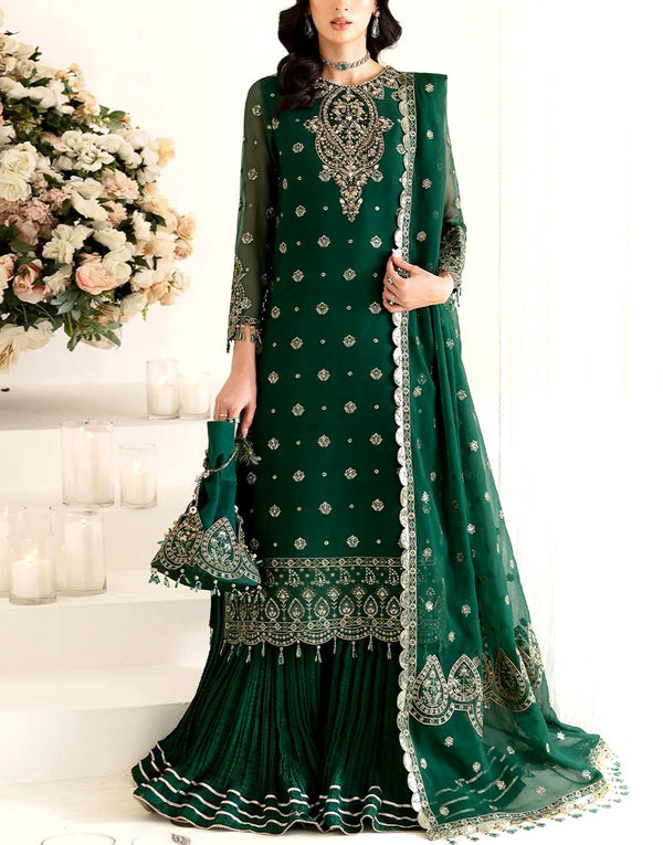 Heavy Embroidered Formal Chiffon Dress with Silk Gharara Trouser
