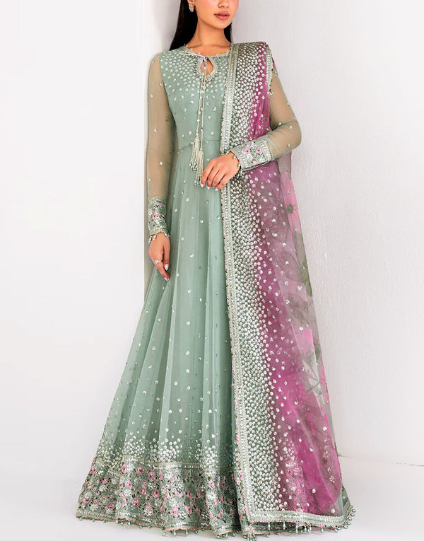 Heavy Embroidered Sage Green Chiffon Maxi Dress for Formal Parties & Weddings