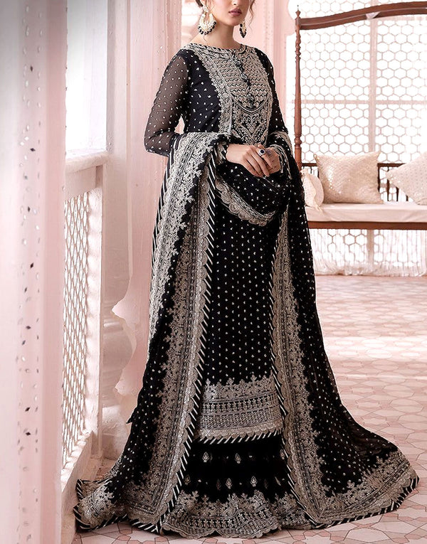 Elegant Embroidered Black Chiffon Dress for Formal & Party Wear