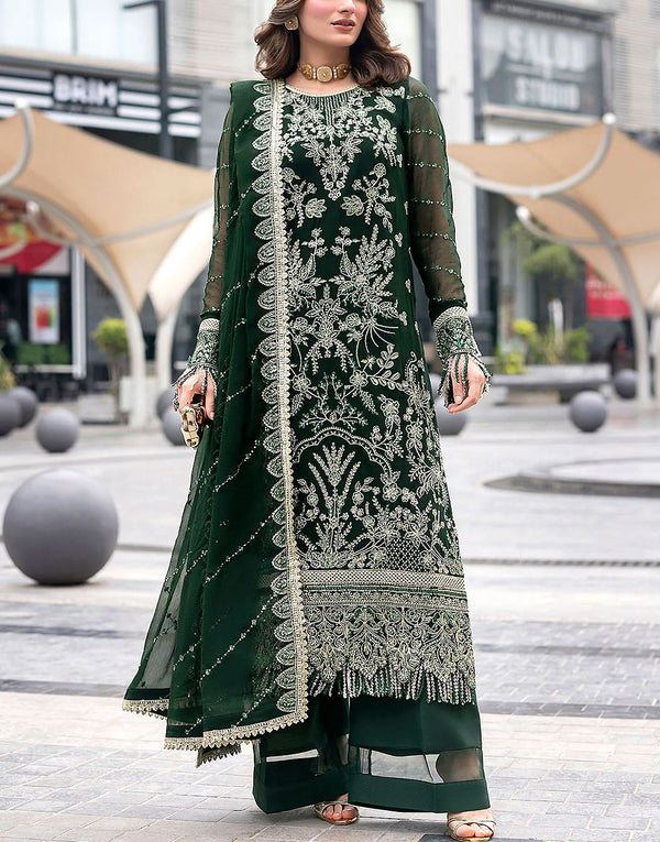Luxury Embroidered Bottle Green Chiffon Wedding Dress for Mehndi Wear