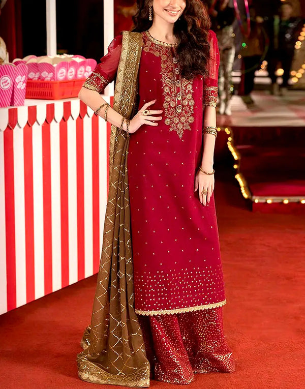 Radiant Intricate Embroidered Deep Red Chiffon Wedding Dress with Emb. Silk Trouser