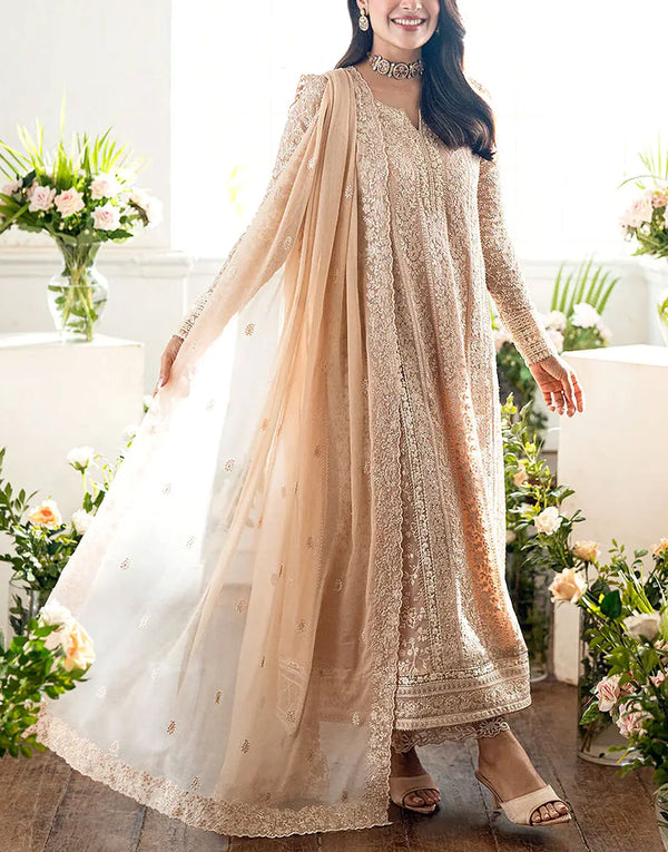 Heavy Embroidered Beige Chiffon Formal Dress for Weddings & Parties