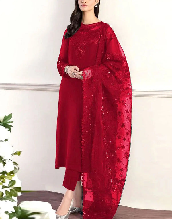 Affordable Fancy Embroidered Red Chiffon Party Dress with Silk Trouser