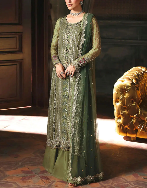 Heavy Embroidered Olive Green Chiffon Wedding Dress with Emb. NET Dupatta