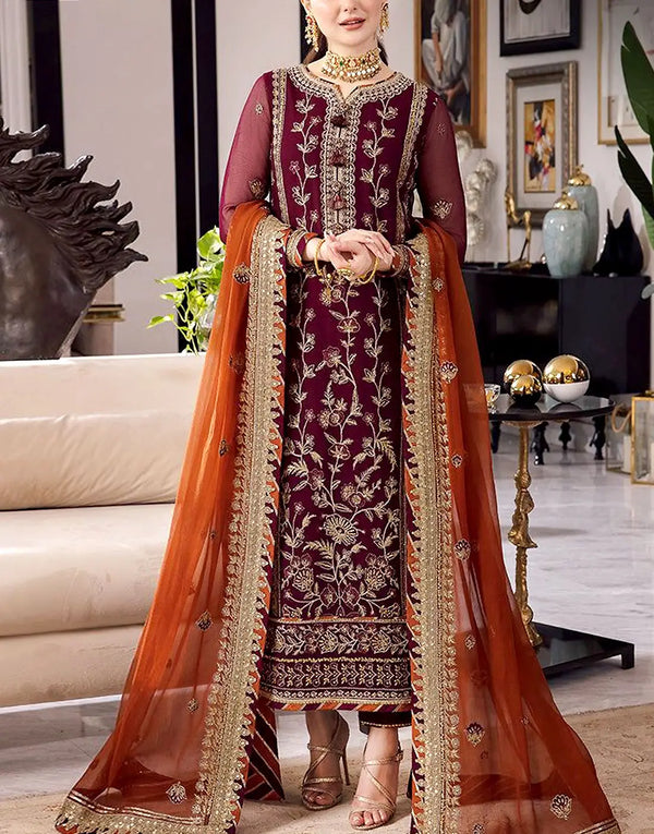 Heavy Embroidered Maroon Chiffon Wedding Dress for Women