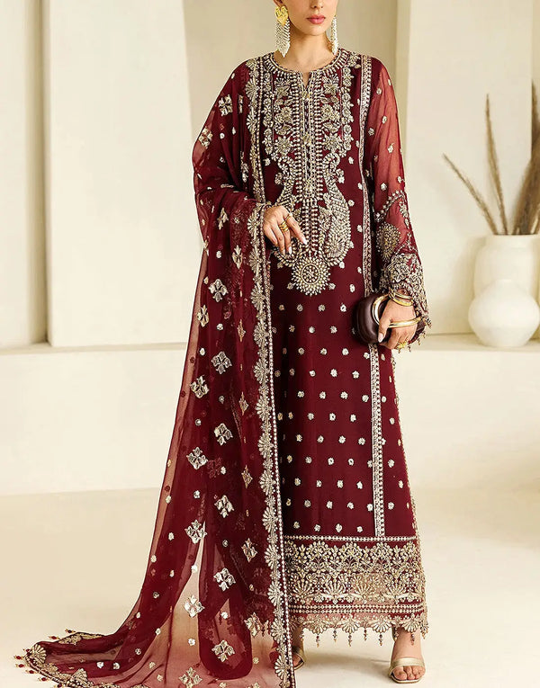 Heavy Embroidered Chiffon Wedding Party Dress with Silk Trouser