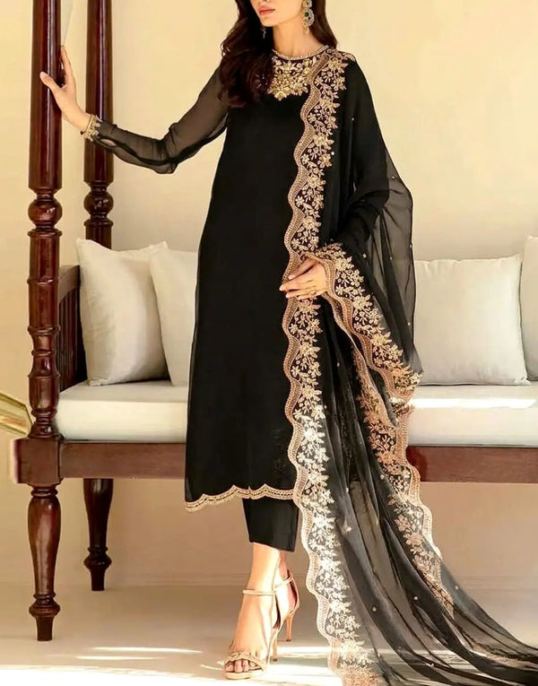 Elegant Embroidered Black Chiffon Party Wear Dress Design