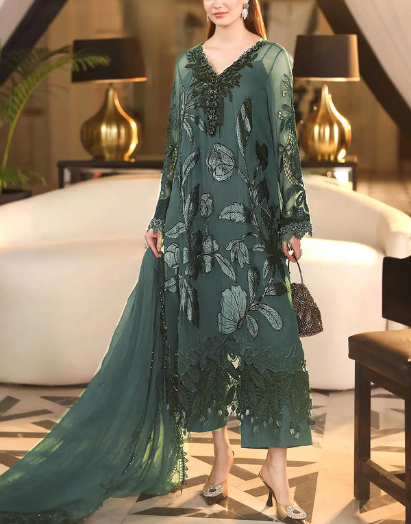 Trendy Embroidered Teal Green Chiffon Formal Dress Design 2026 with Silk Trouser