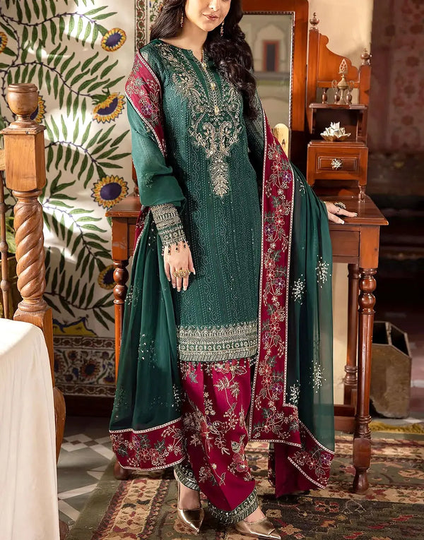 Heavy Embroidered Teal Green Chiffon Party Wear Dress with Embroidery Silk Trouser